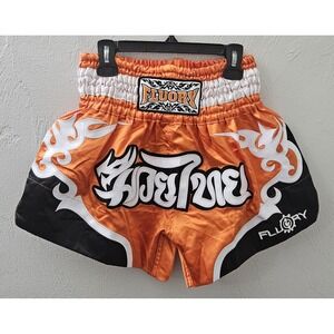 Fluory Muay Thai Shorts Youth Size Medium  Embroidered Logos Orange Black White